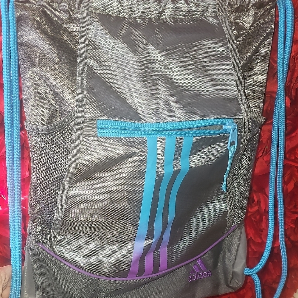 adidas Metallic Gray String Bag with Blue and Purple Accents
